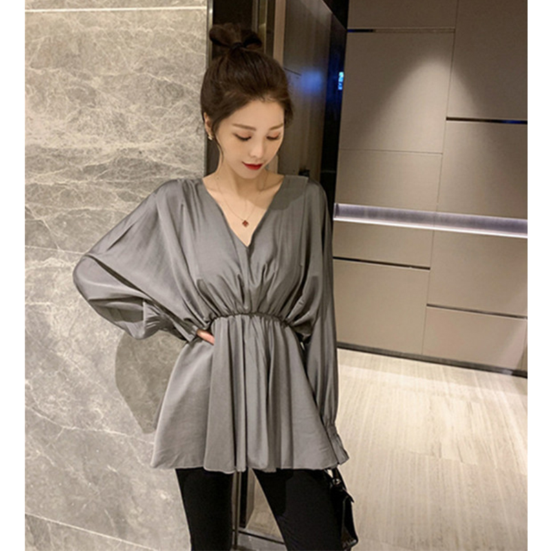 2024春裝新款洋氣時尚V領收腰上衣女網紅氣質小清新白色雪紡衫