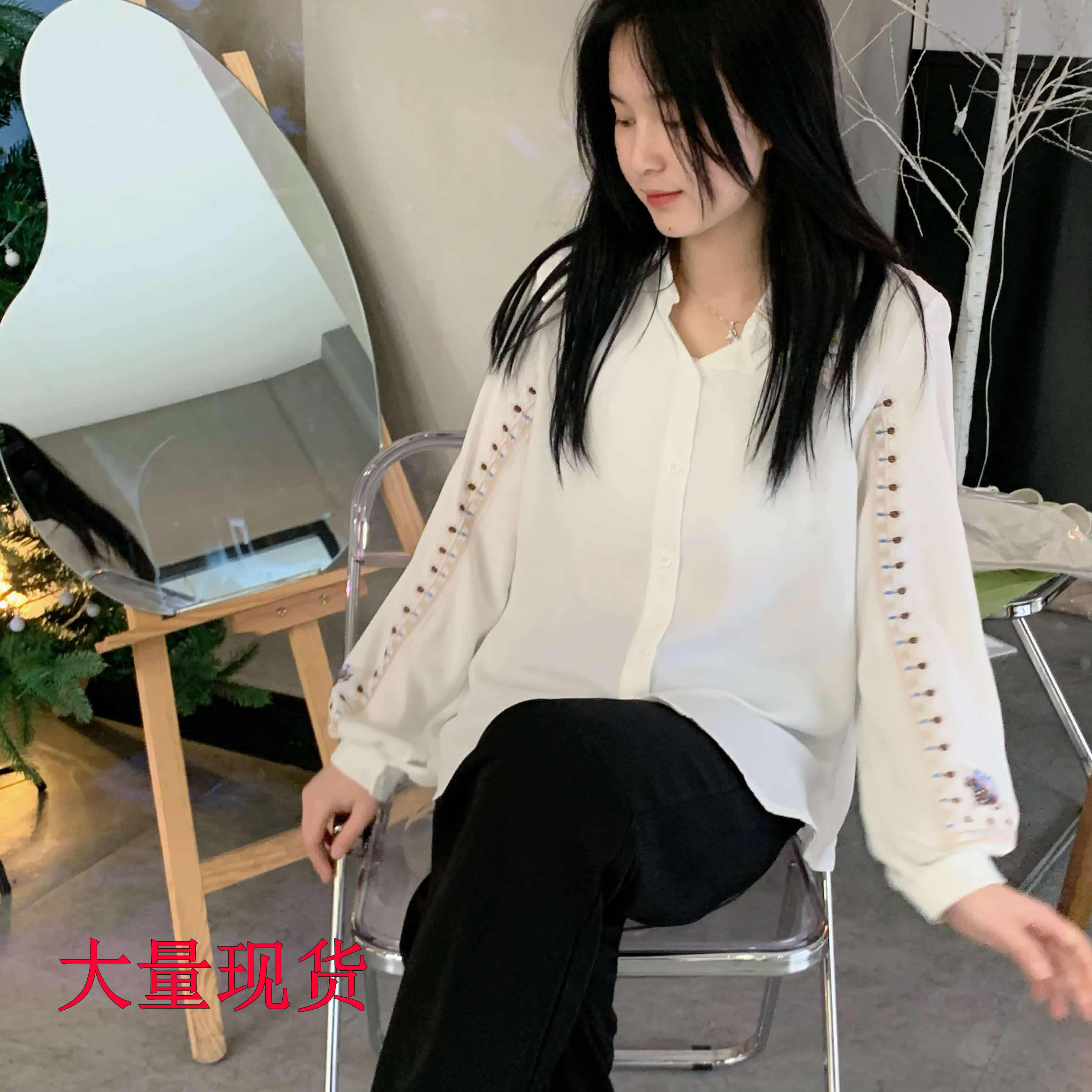 襯衫女2024春夏長袖白色小眾時尚復古港味氣質上衣刺繡襯衣
