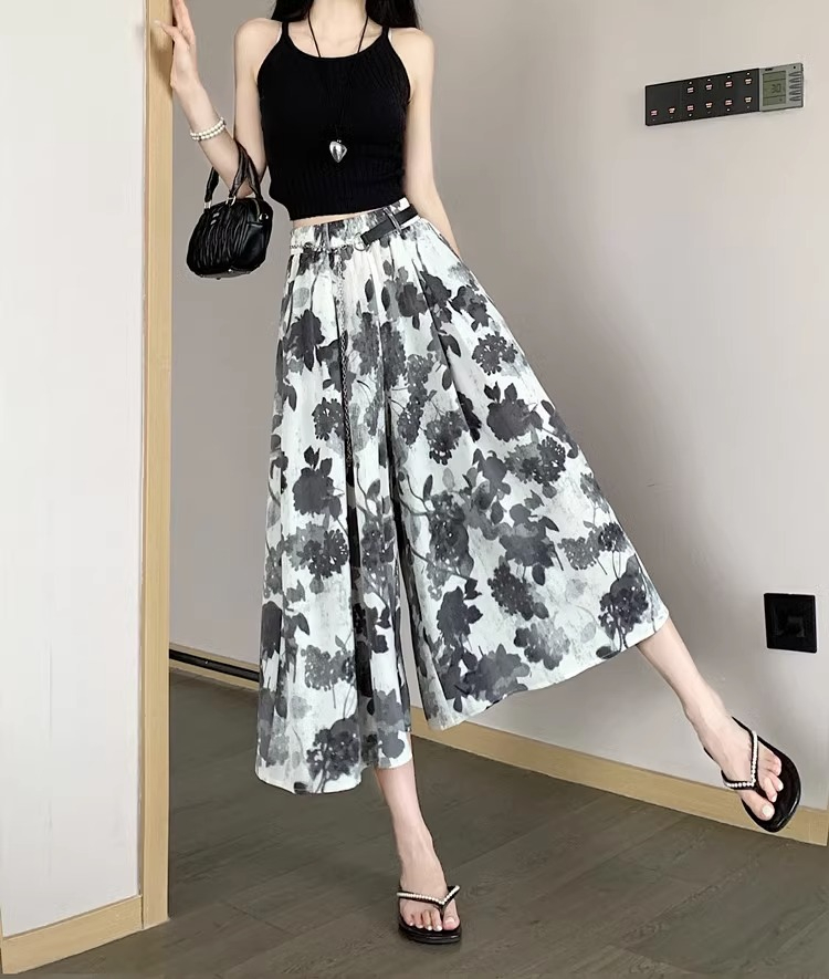 Original workmanship summer thin 2024 new high-waisted loose slimming ink printed eight-point wide-leg pants for women