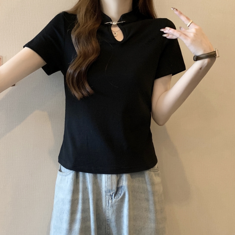 實拍2024夏季40支純棉設計感小眾改良旗袍中式國風T恤女
