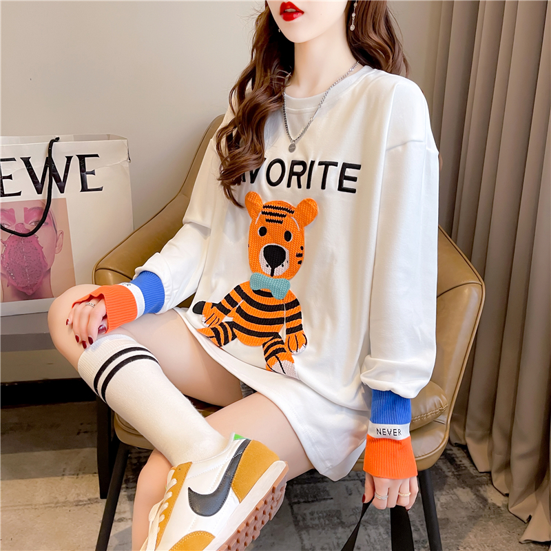 Real shot 2024 spring Korean style loose double-sided German velvet round neck warm splicing long-sleeved bottoming shirt T-shirt for women