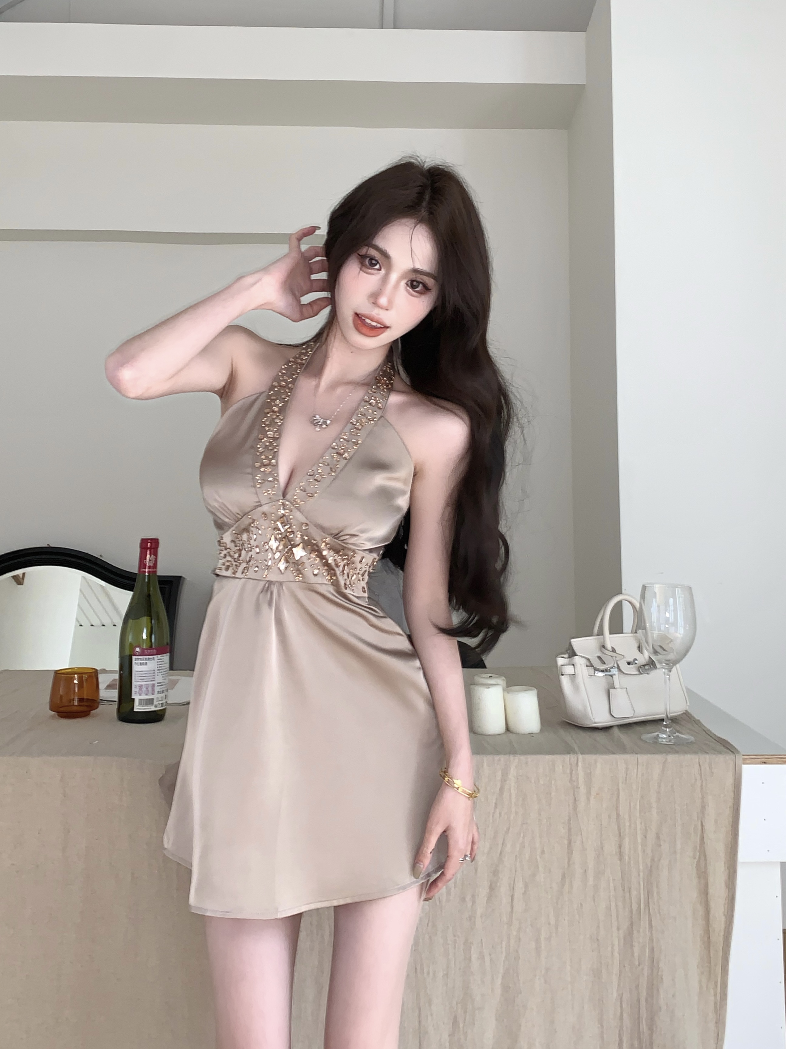 Real shot!  Heavy Industry Brick V-neck Halter Dress Temperament Waist Slimming Suspender Skirt Bottoming Top for Women
