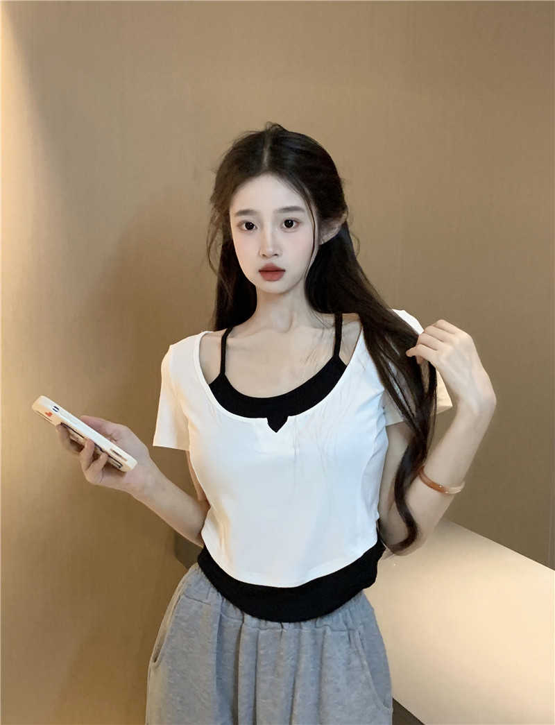 實拍~假兩件短袖T恤女正肩上衣辣妹T恤顯瘦純欲獨特别致上衣