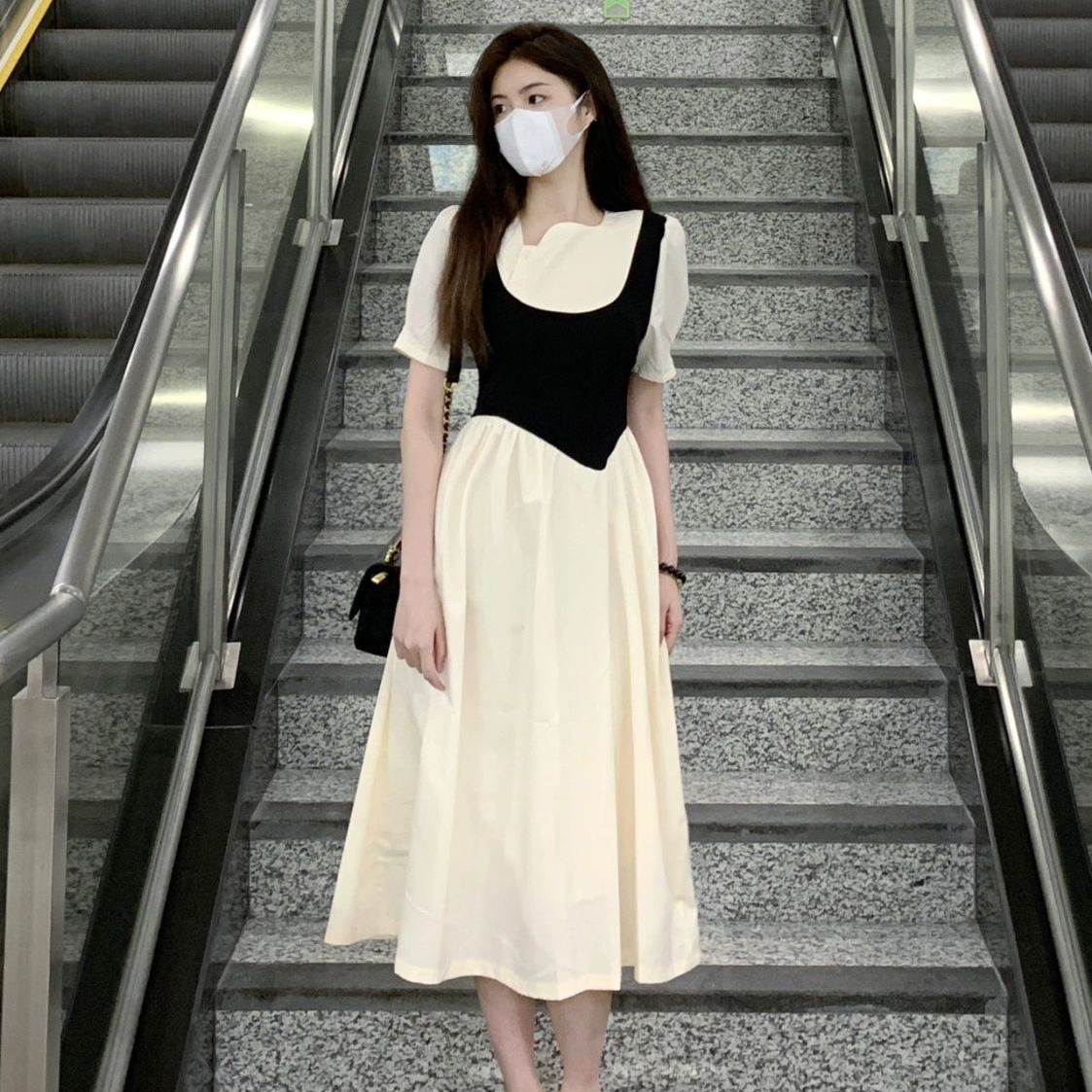 法式甜美拼接氣質收腰減齡假兩件連衣裙子女學生夏季高級感初戀裙