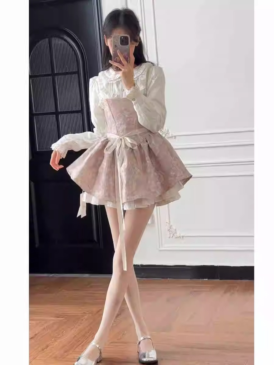 Spring and Autumn New Pure Desire Hot Girl Sling Dress Puffy Princess Skirt Waist Skirt Shirt Top Two-piece Set