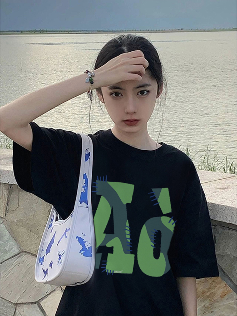 美式復古設計感印花短袖T恤女夏季寬鬆顯瘦時尚百搭情侶正肩上衣