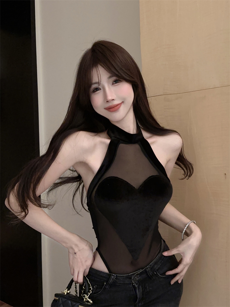 實拍~時尚ins風愛心掛脖網紗無袖背心性感辣妹顯身材打底連體衣