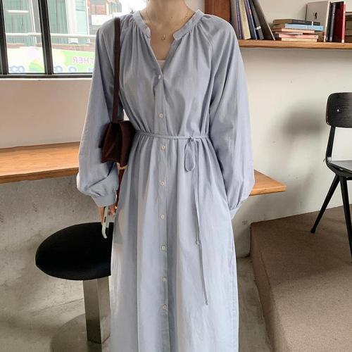 Korean chic spring versatile simple lantern sleeve long single-breasted lace-up waist slimming long-sleeved dress for women