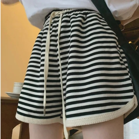 原版珠地百搭褲子女夏薄款條紋休閒褲鬆緊腰寬鬆運動短褲