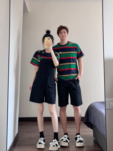 Actual shot #couples summer wear 2024 new Hong Kong style short-sleeved T-shirt striped overalls two-piece suit