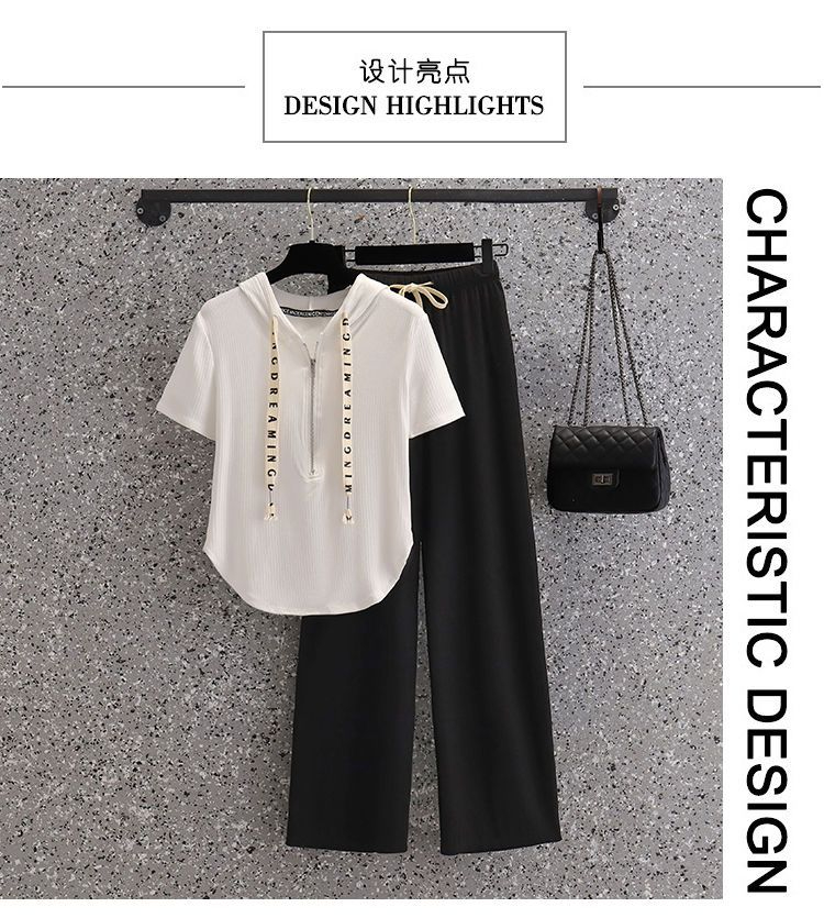 Ice silk short-sleeved T-shirt two-piece set for women summer new hooded slim casual loose wide-leg pants trendy