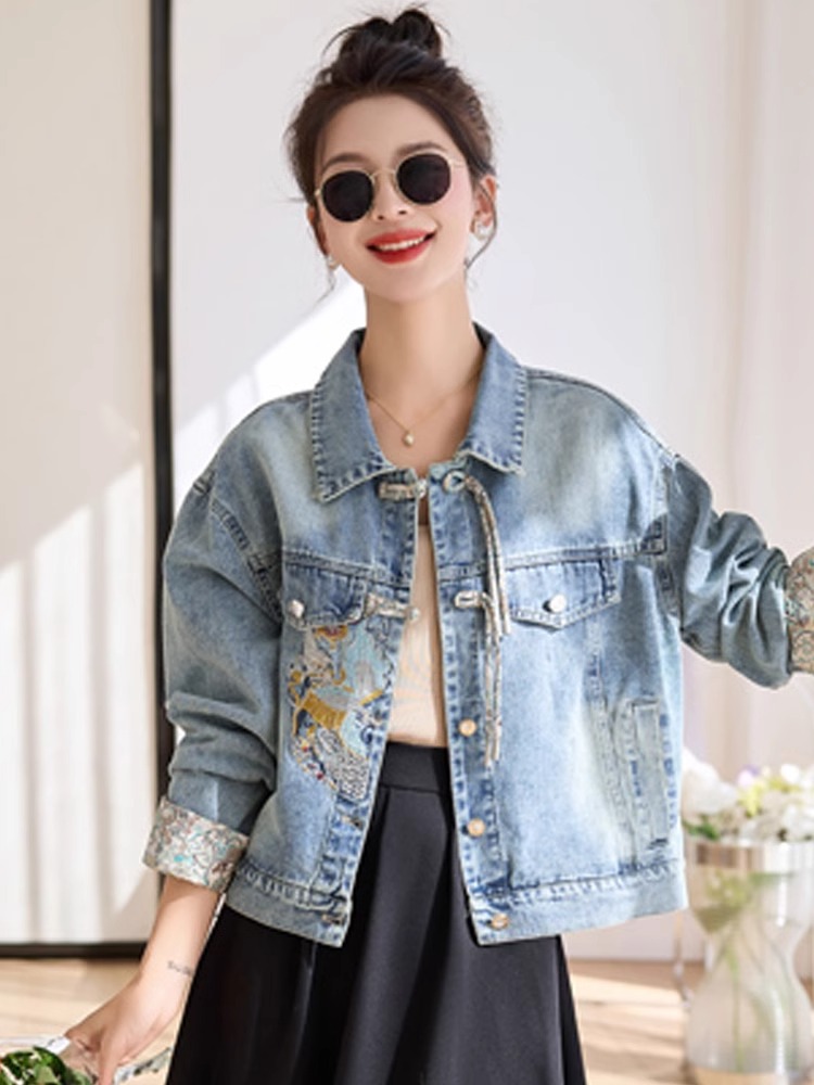 新中式國風刺繡牛仔外套女2024春新款設計感超好看小個子短款夾克