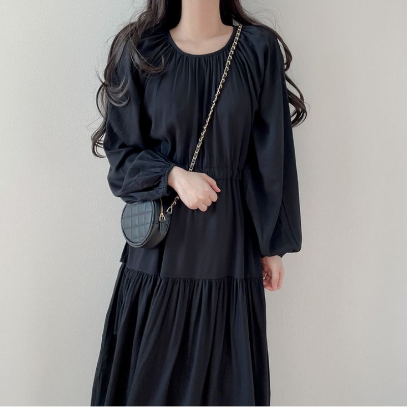 Size has been updated chic spring French gentle casual round neck pleated drawstring waist long dress