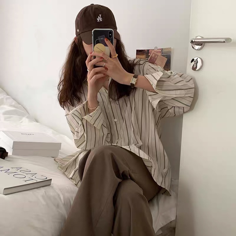 2024春秋款女裝新款長袖別致設計感小眾上衣豎條紋白杏色襯衫襯衣