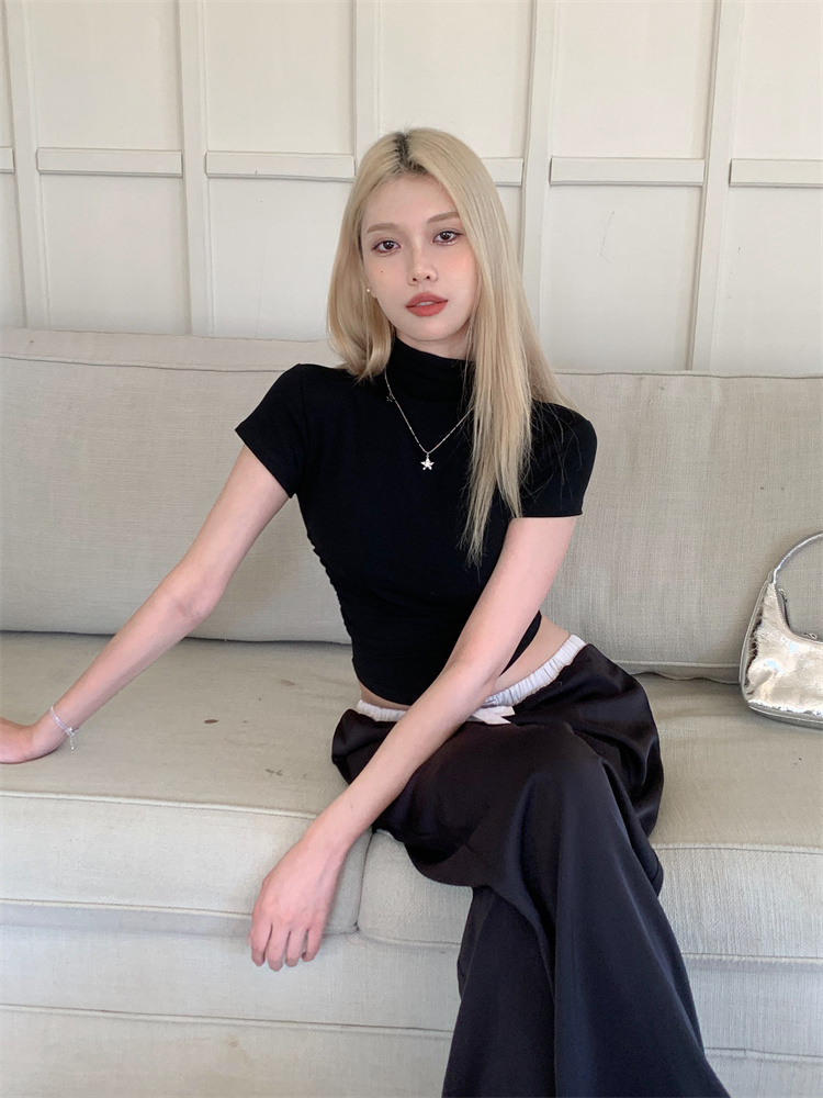 辣妹緊身半高領短袖T恤女夏季純欲風白色性感顯瘦短款上衣打底衫