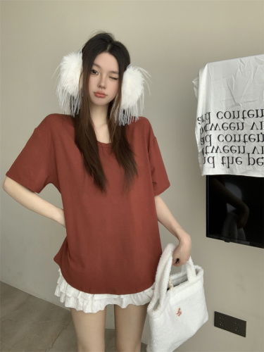 Real shot Basic solid color Korean style new V-neck versatile short-sleeved bottoming loose T-shirt top