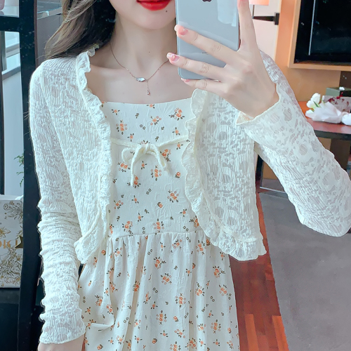 Already shipped 2024 spring and summer new short ruffled lace sunscreen shirt long-sleeved lace-up cardigan