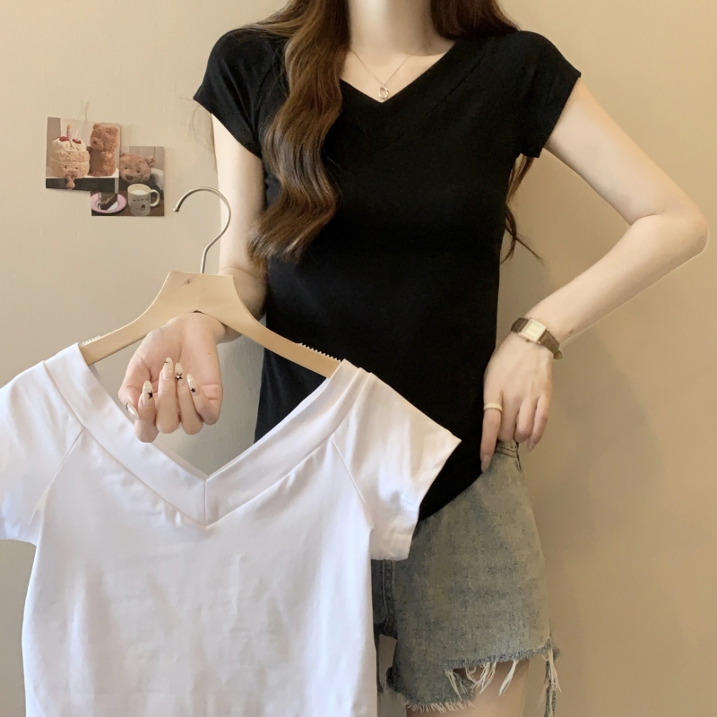 40 count pure cotton 2024 summer V-neck slim short-sleeved T-shirt women's elastic top
