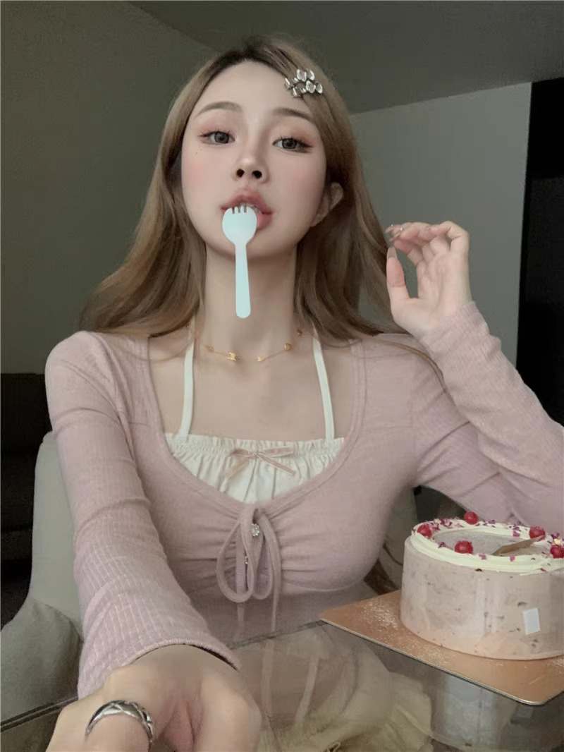 Spring fake two-piece sweet hottie long-sleeved T-shirt women's suit ballet style pink slim short pure lust chic top