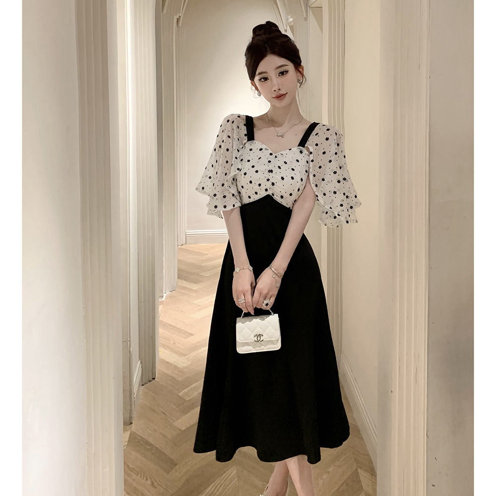 Actual shot of new style French retro banquet polka dot mesh spliced ​​black slim dress