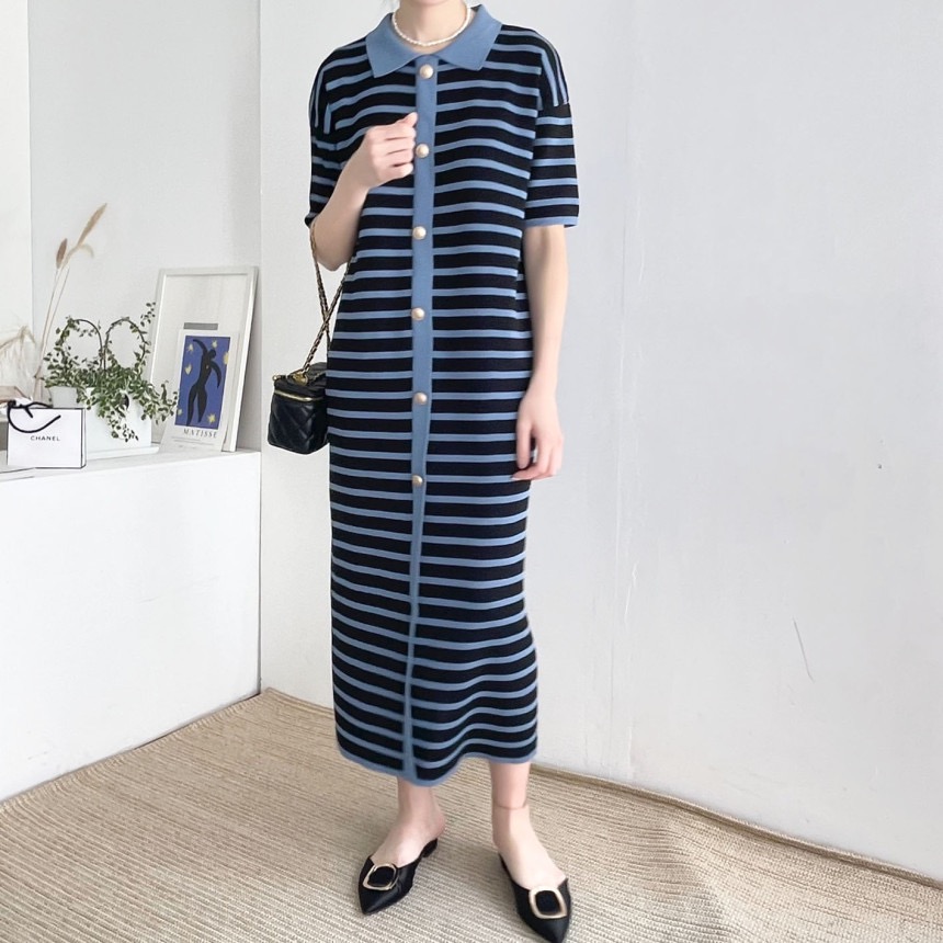 POLO collar short-sleeved cardigan t-shirt skirt women's Korean version 2024 summer mid-length knitted casual striped dress