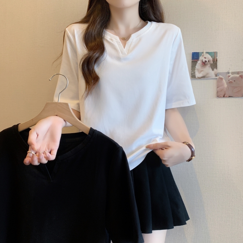 實拍2024夏季21支純棉短款小v領短袖T恤女