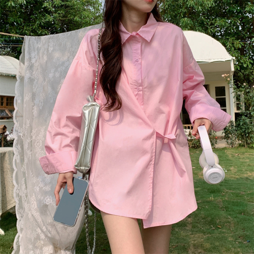 实拍韩国东大门早春粉色披肩衬衫两件套简约宽松长袖纯色衬衣女