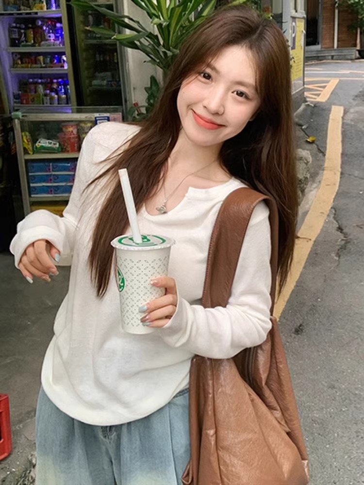 長袖上衣女白色內搭打底衫早春季2024新款寬鬆百搭純棉v領正肩t恤