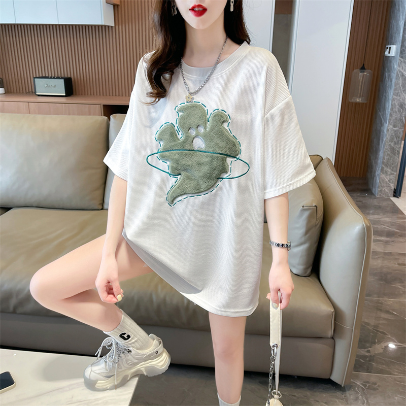 實拍2024夏季華夫格上衣女休閒寬鬆貼布繡花t恤女