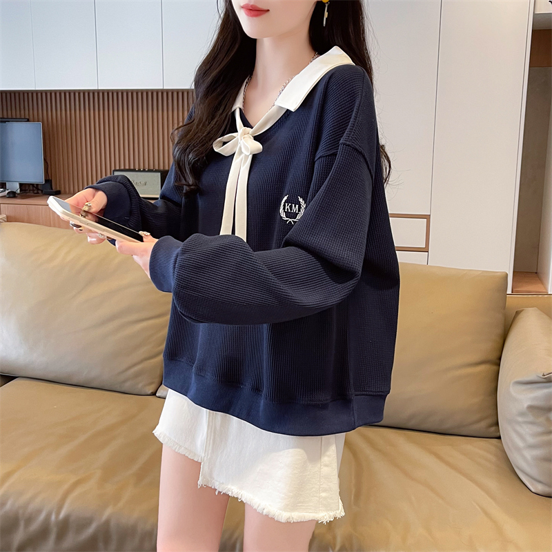 實拍 polo領華夫格衛衣女新款春秋季洋氣減齡寬鬆設計感上衣潮