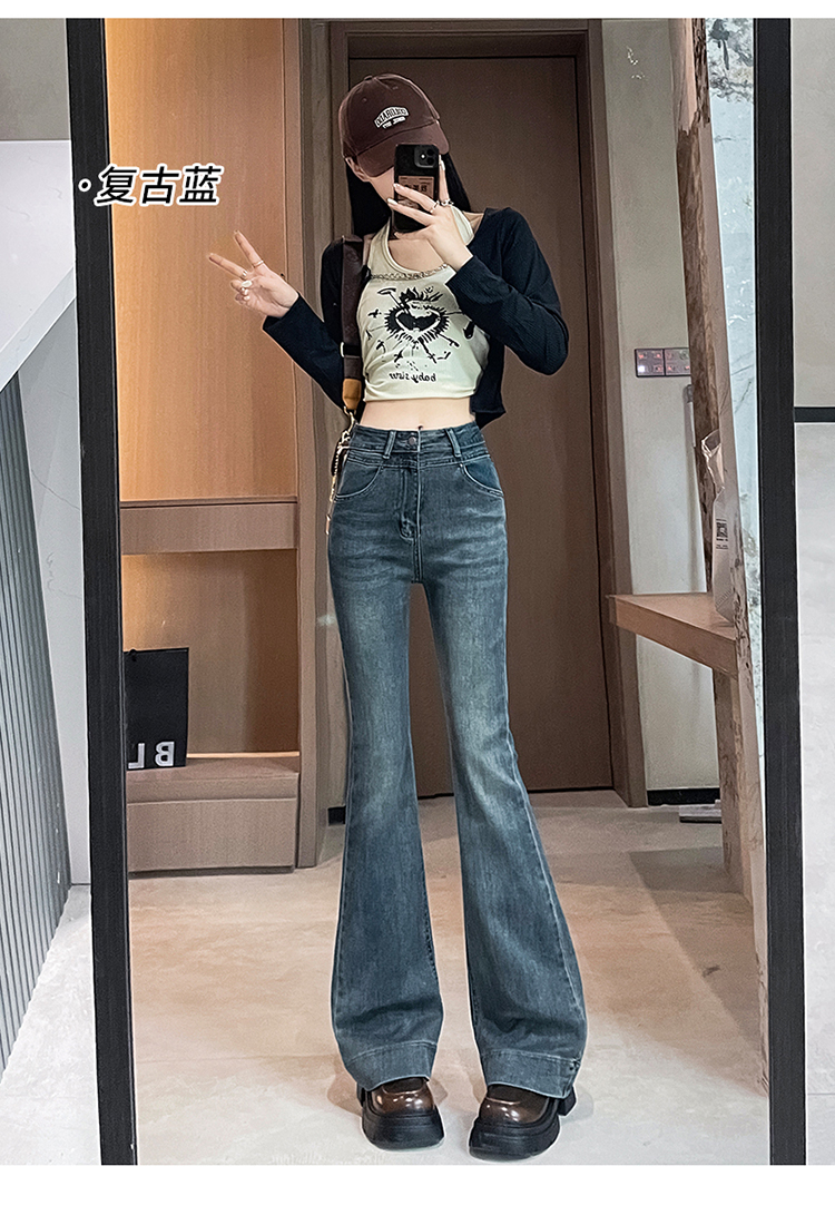 實拍2024早春辣妹窄版微喇牛仔褲女馬蹄褲高腰懷舊設計感褲子