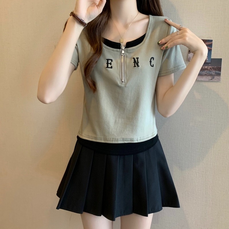 40支92棉8氨綸210克夏季短袖假兩件拼接上衣T恤女 大碼M-4XL