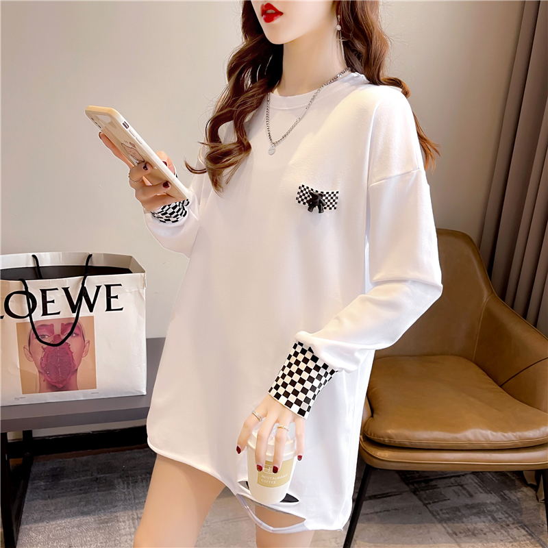 Real shot 2024 spring Korean style loose double-sided German velvet round neck warm splicing long-sleeved bottoming shirt T-shirt for women