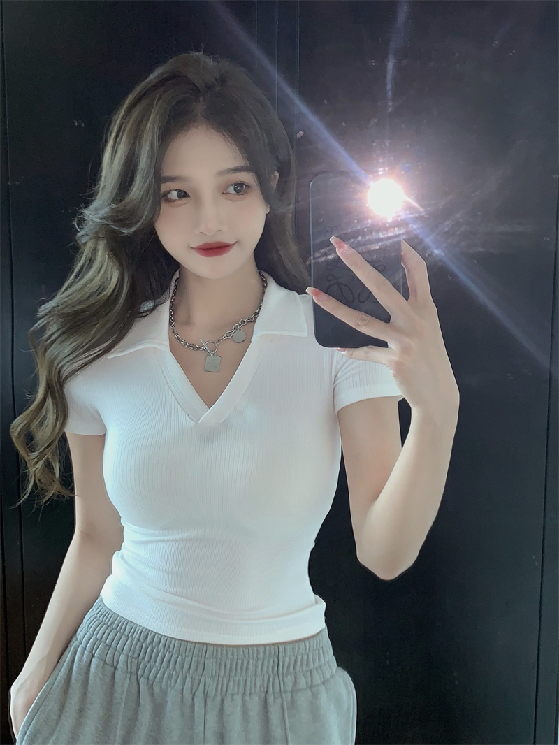純欲甜酷辣妹短款polo衫冰絲螺紋設計感小眾翻領上衣短袖t恤女夏