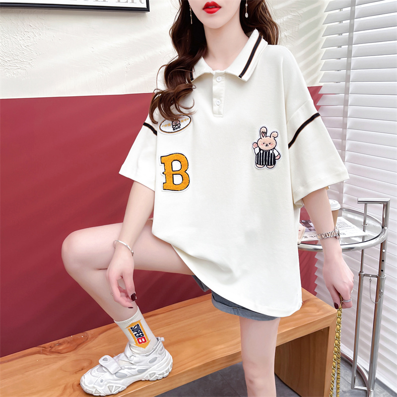 實拍2024夏季polo衫短袖女寬鬆設計感小眾娃娃領t恤ins潮
