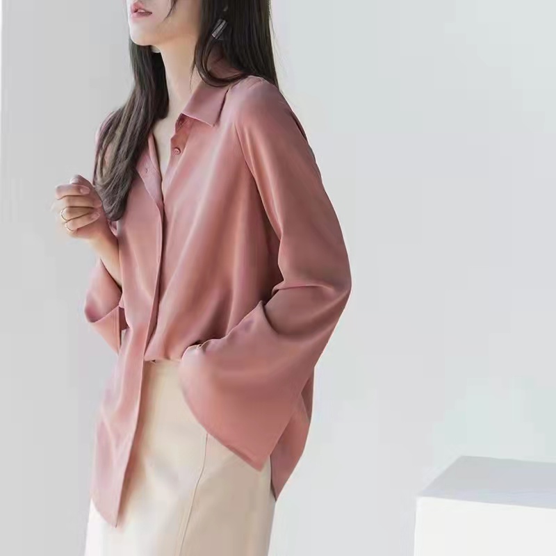 雪紡長袖襯衫女2024春秋季新款慵懶寬鬆上衣喇叭袖純色白襯衣