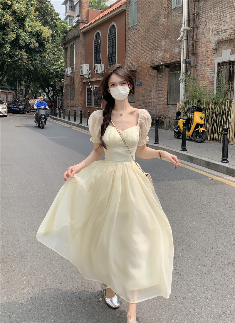 Real shot of French niche design high-end dress for women with gentle and fairy-like puff sleeves