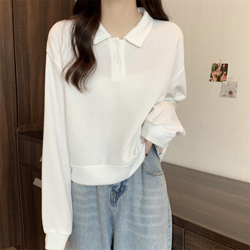 實拍 春季新款韓版Polo領寬鬆長袖T恤外穿百搭衛衣上衣女