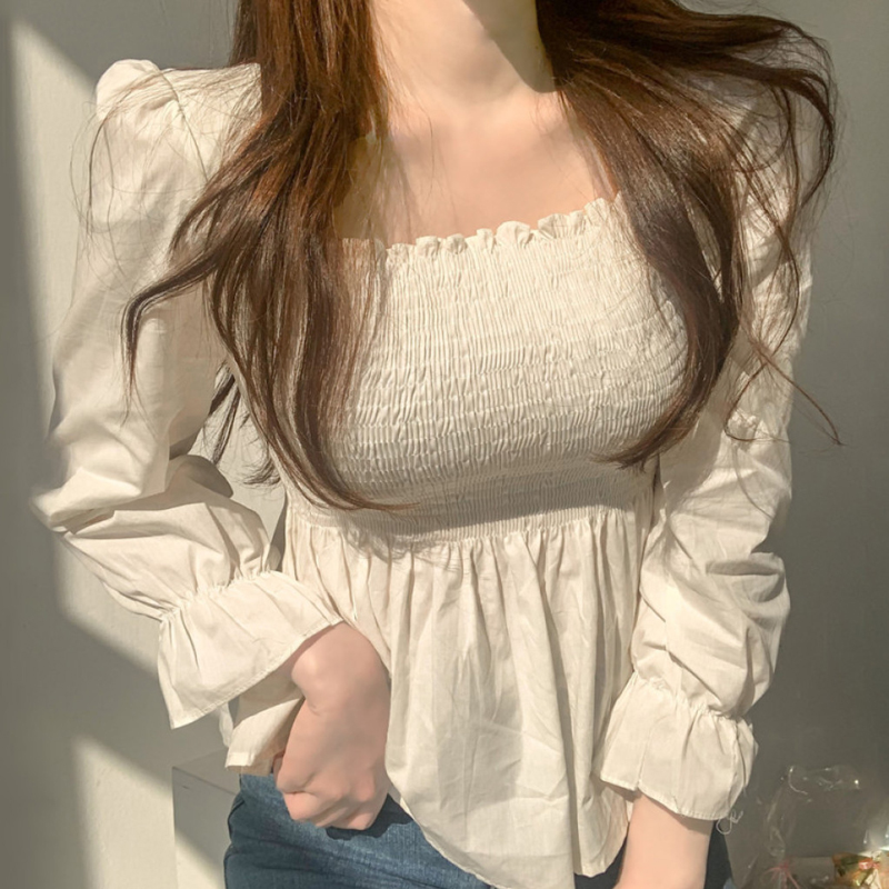韓國chic法式甜美方領修身顯瘦收腰褶皺洋氣木耳邊長袖襯衫上衣女