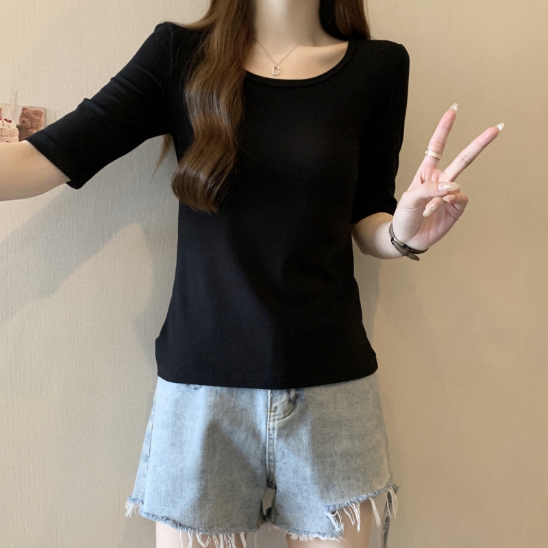 實拍2024夏季40支純棉中袖五分袖U領短袖T恤女低領