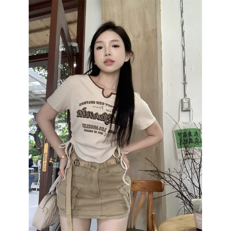 Official picture 6535 stretch cotton American retro letter printing round neck short-sleeved T-shirt for women summer design