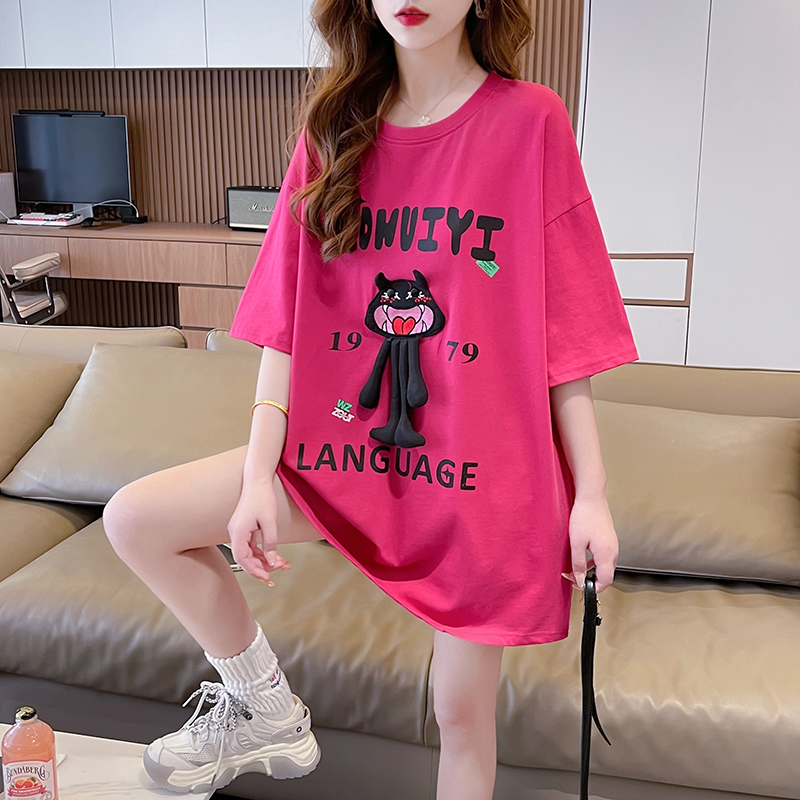 實拍2024夏季100%純棉 韓版中長款重工短袖T恤女