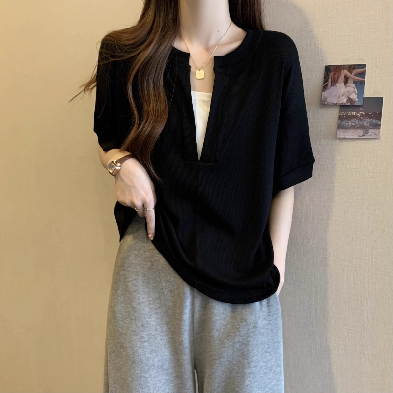 原版做工正肩V領短袖T恤女夏季大碼胖妹妹顯瘦遮肚子獨特上衣