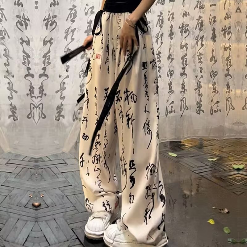 新中式復古飄帶闊腿長褲女夏新款寬鬆垂感鬆緊高腰抽繩休閒拖地褲