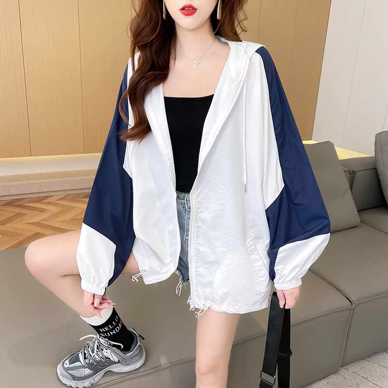 實拍2024夏季寬鬆休閒撞色百搭薄款拉鏈開衫防曬服外套女