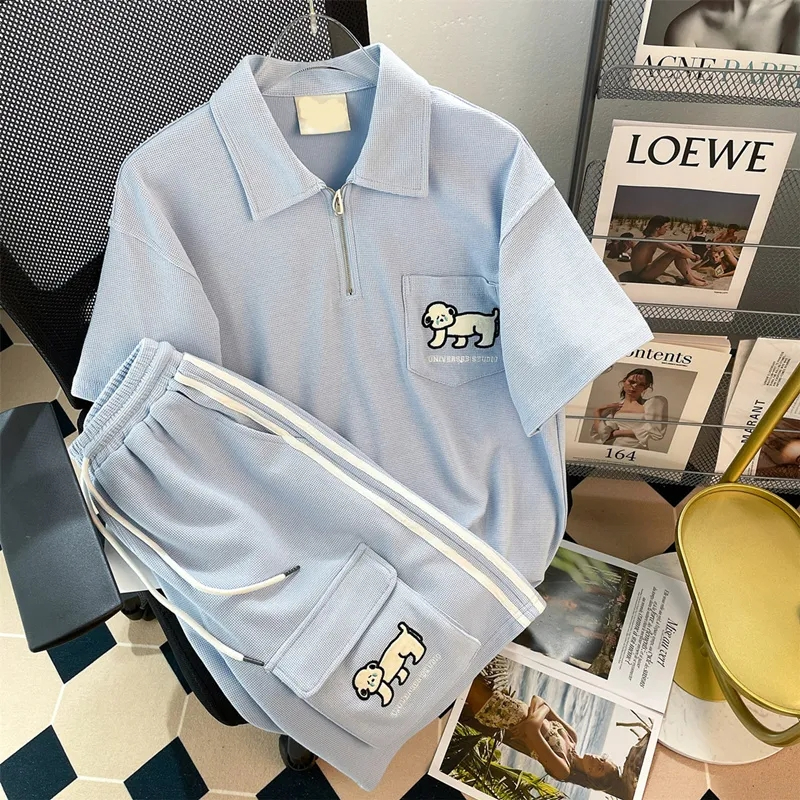 Large size breast waffle polo collar short-sleeved shorts suit women's summer loose casual two-piece set