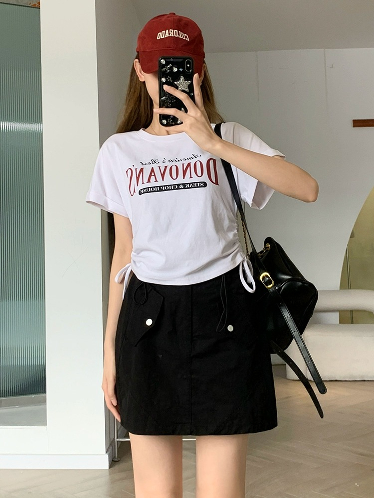 Official photo, short-sleeved T-shirt for women, summer new style, letter print, pleated bottoming shirt, short slimming top