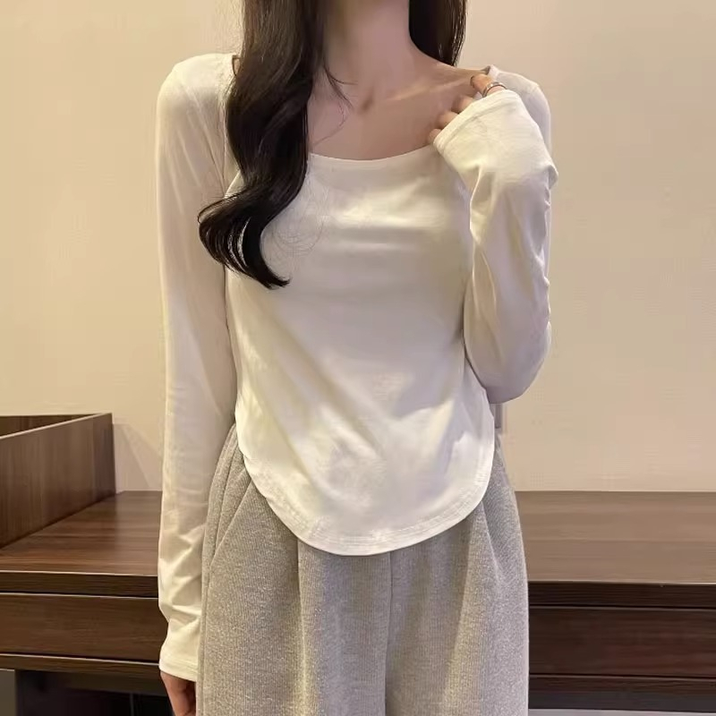 Official picture #Thread 92% rayon 8% spandex low-neck T-shirt long-sleeved solid color slim fit bottoming shirt top