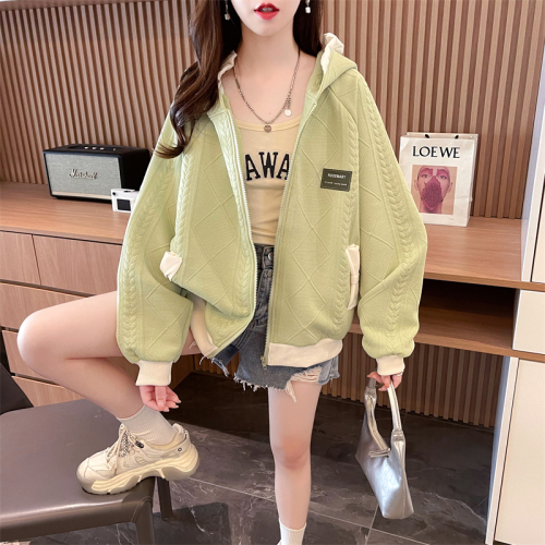 Actual shot of spring Korean style loose imitation cotton hooded contrast color bow pocket zipper cardigan thin coat for women