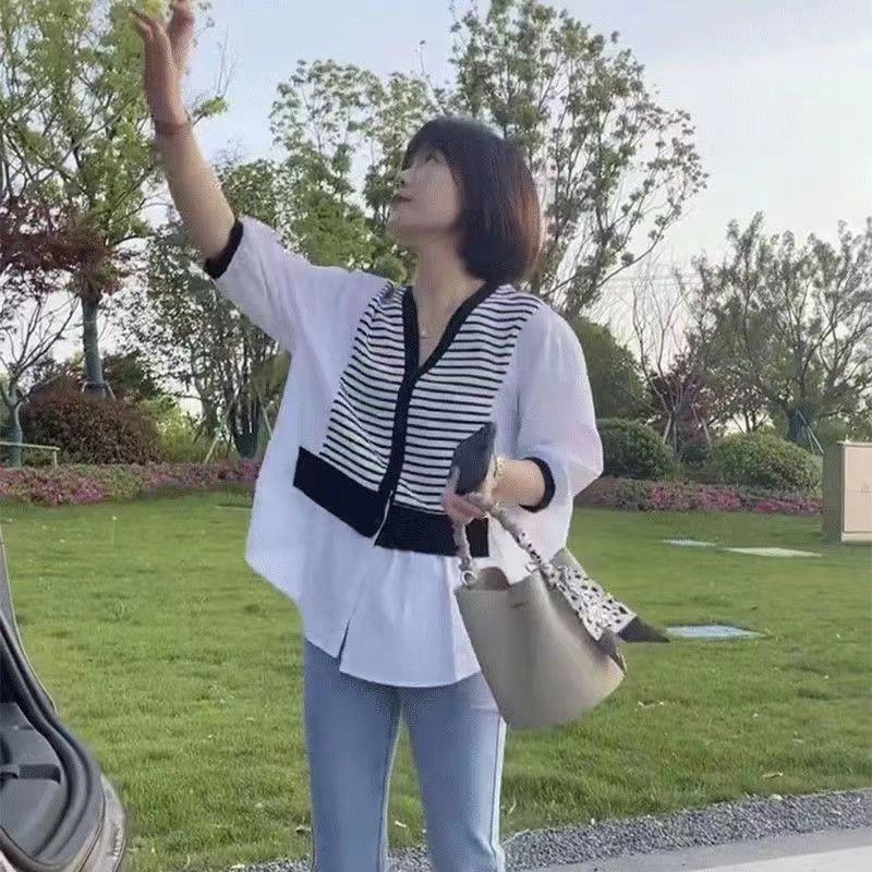 Summer new plus size women's Korean striped shirt short-sleeved V-neck belly-covering fashionable fake two-piece top